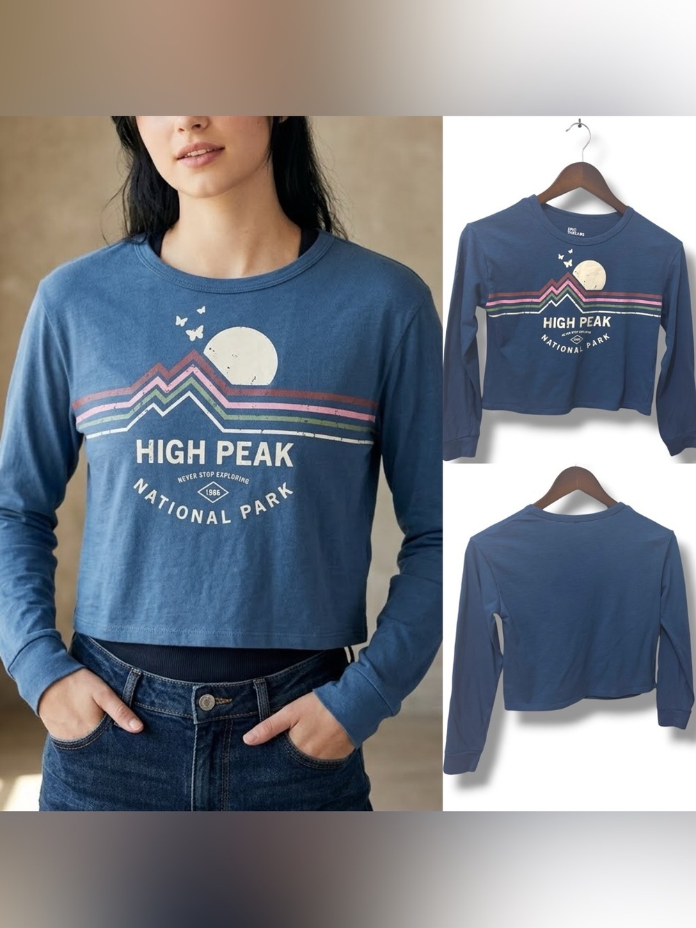 Epic Threads | EUC Blue High Peak National Park Graphic Long Sleeve Crop Top (M)